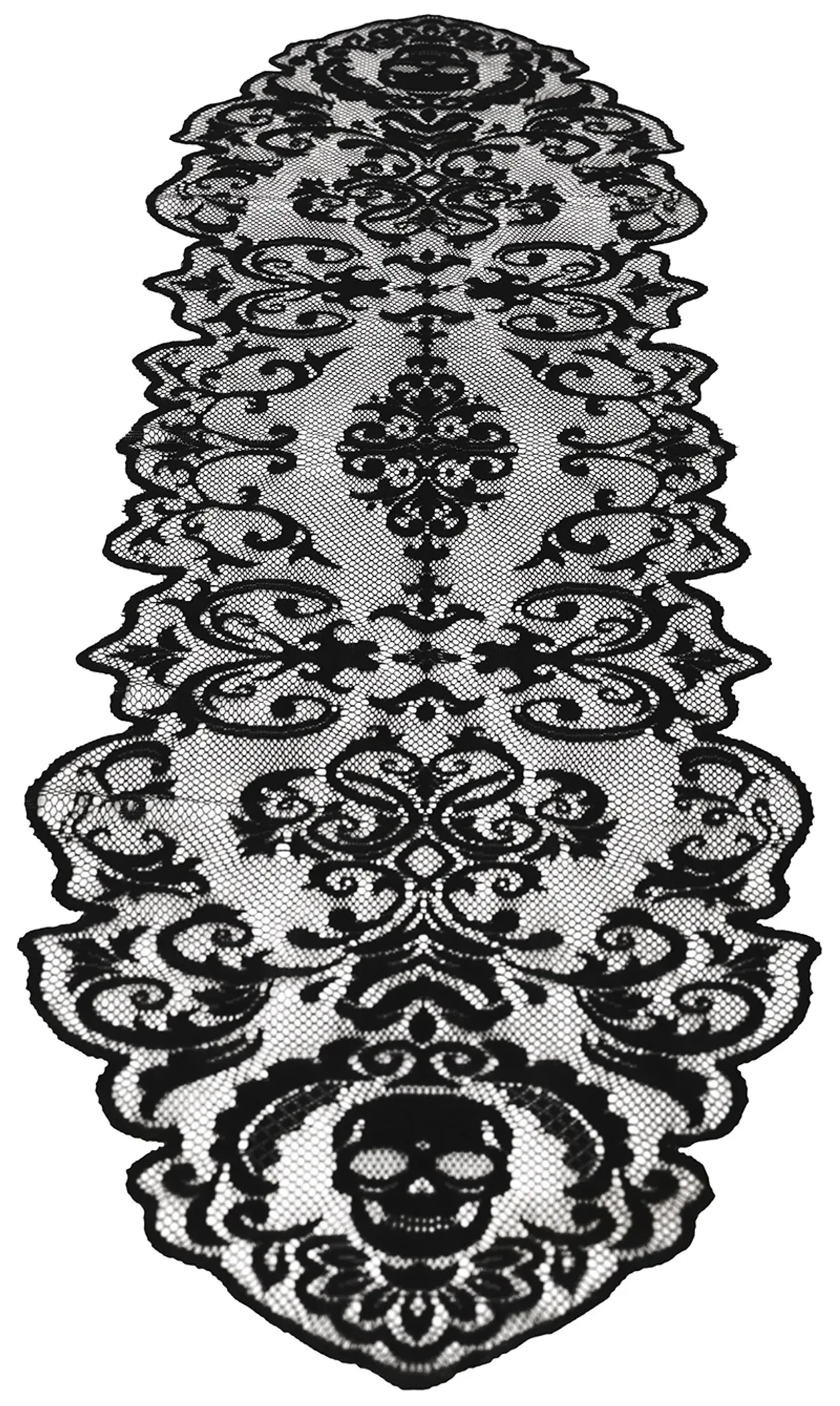 Spitzenskelett Tischläufer 180×35 cm – schwarze Spitze mit Totenkopf-Motiven