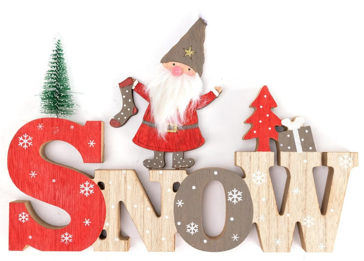 TrendLine Deko-Schriftzug Snow 30×21 cm – Weihnachtsfigur, rot/beige/grün