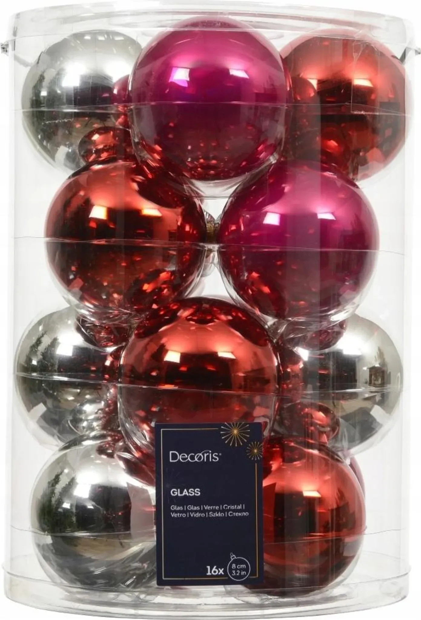 Set aus 16 Christbaumkugeln 8 cm – Glas, rot, rosa, silber